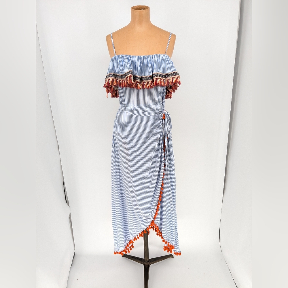 Letarte Handmade Blue Striped Maxi Wrap Dress Tassel Beachy Womens Medium
